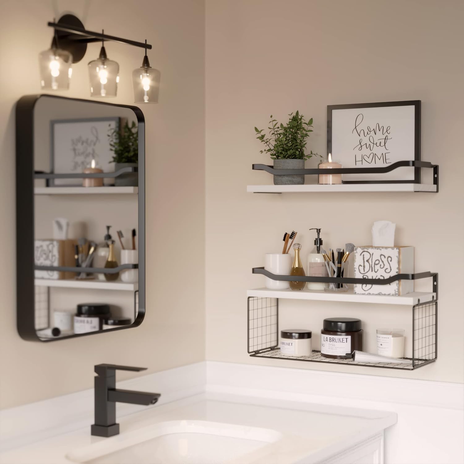 Floating Shelves with Wire Storage Basket, Bathroom Shelves, Wall Shelves Floating Shelves with Wire Storage Basket, Bathroom Shelves, Wall Shelves